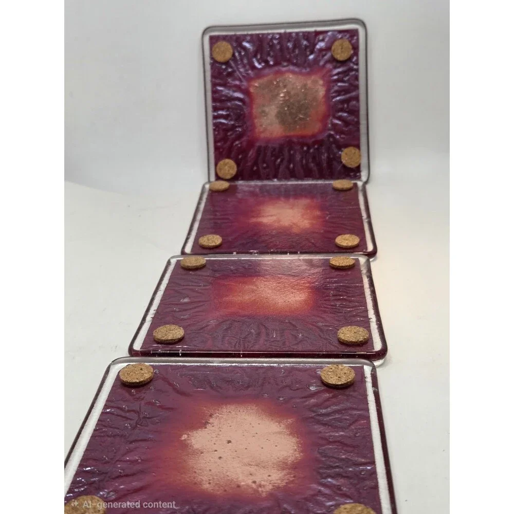 Charlton Glassworks Fused Art Glass Coasters Copper Red Burgundy Set of